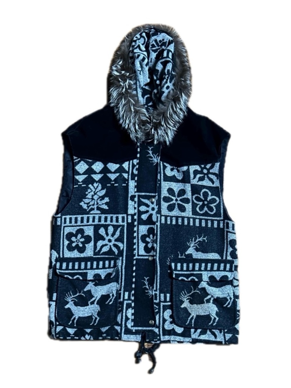 Gallery ~ Large ~ Black/ White ~ Deer & Floral ~ Wool Blend Fur Hood Jacket Vest